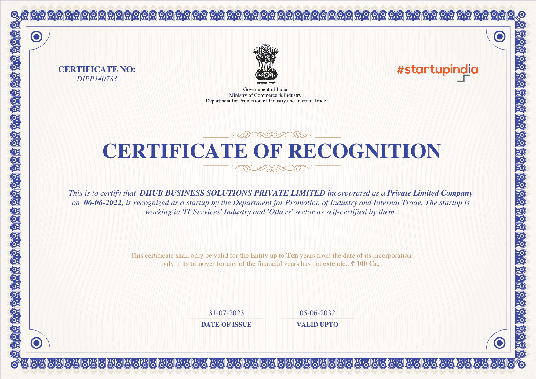 Startup India Recognition Certificate - DHUB Business Solutions Private Limited - DIPP140783