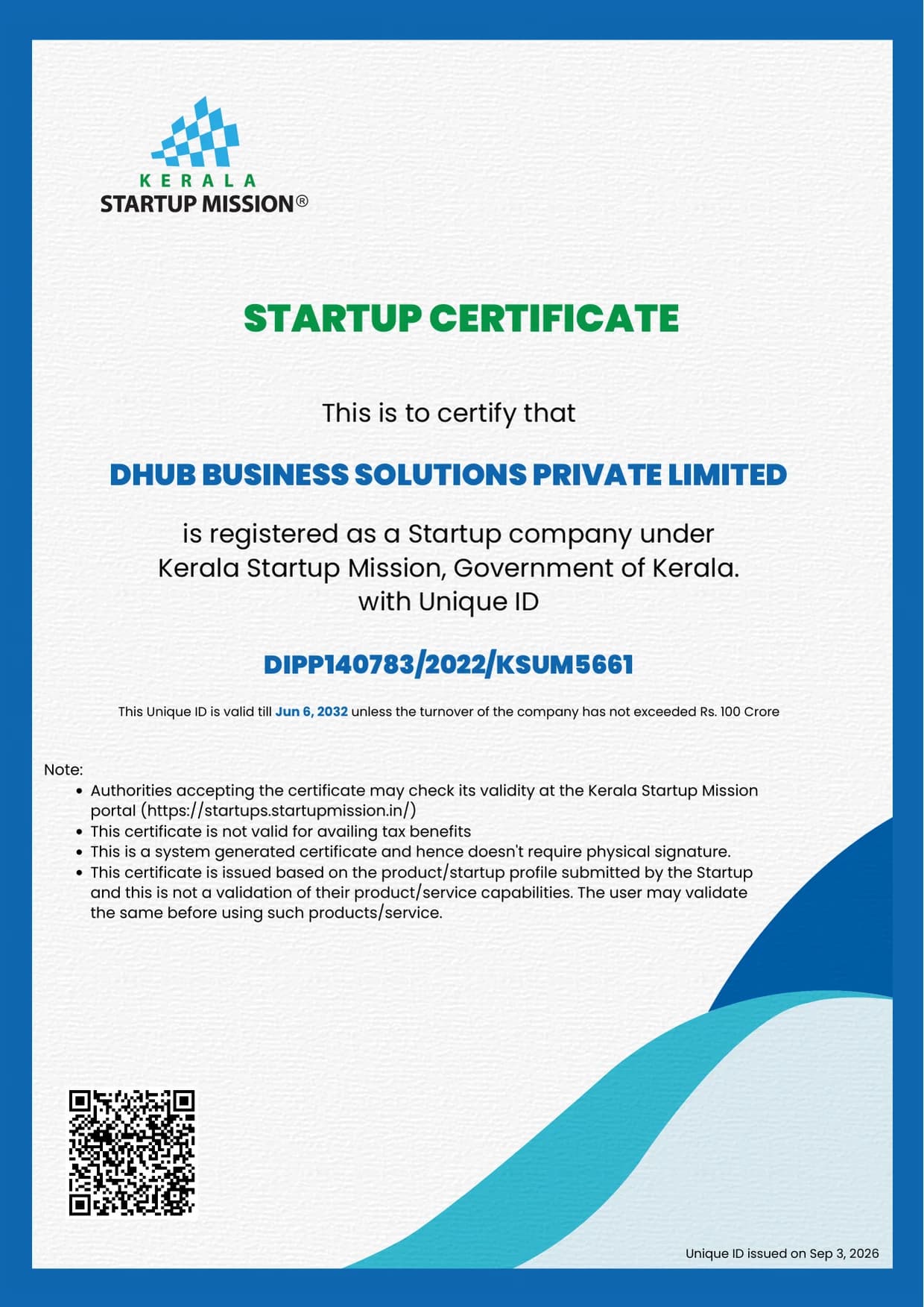 Kerala Startup Mission Startup Certificate - DHUB Business Solutions Private Limited - DIPP140783/2022/KSUM5661